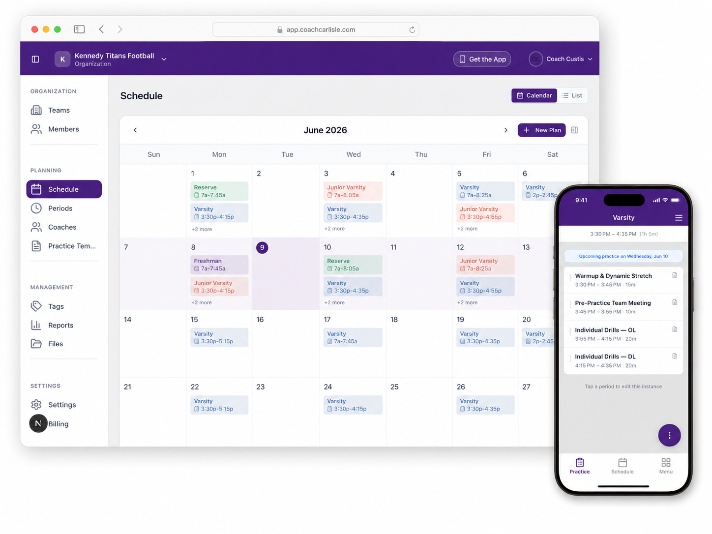 Multi-team schedule calendar in PracticePlan