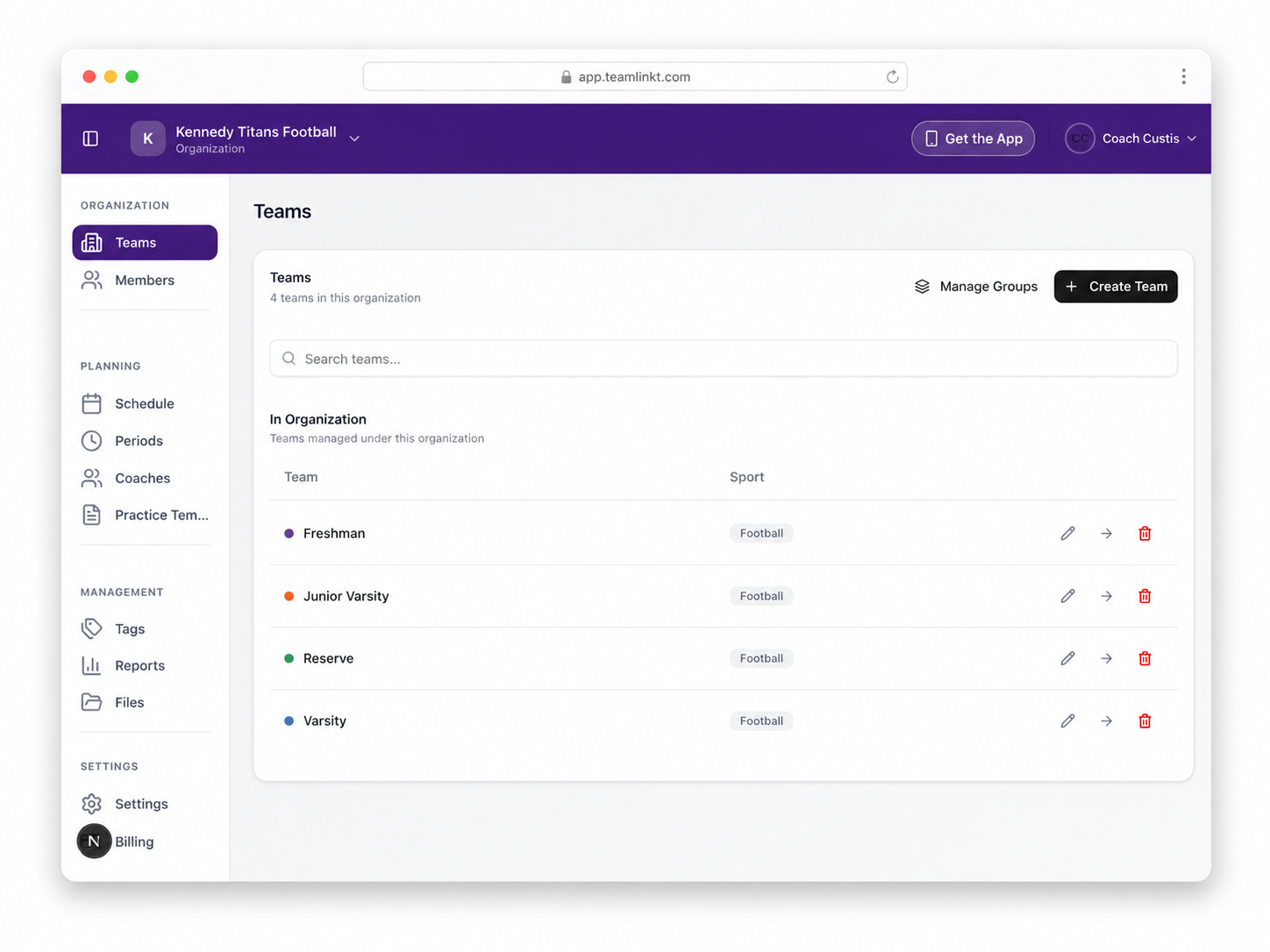 Organization teams management in PracticePlan