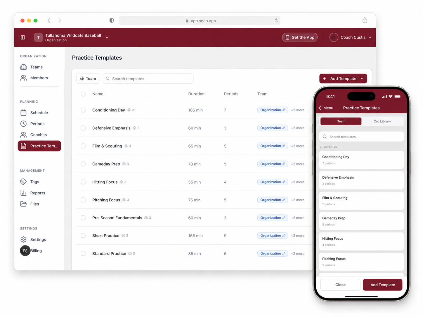 Baseball practice templates in PracticePlan app