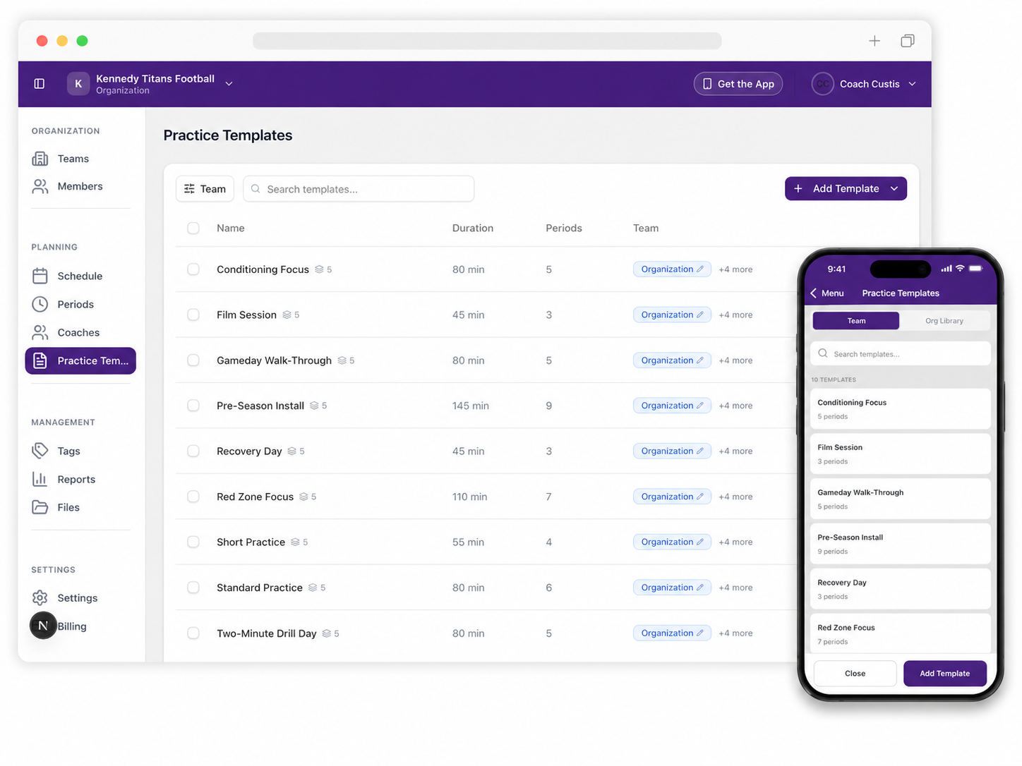 Football practice templates in PracticePlan app